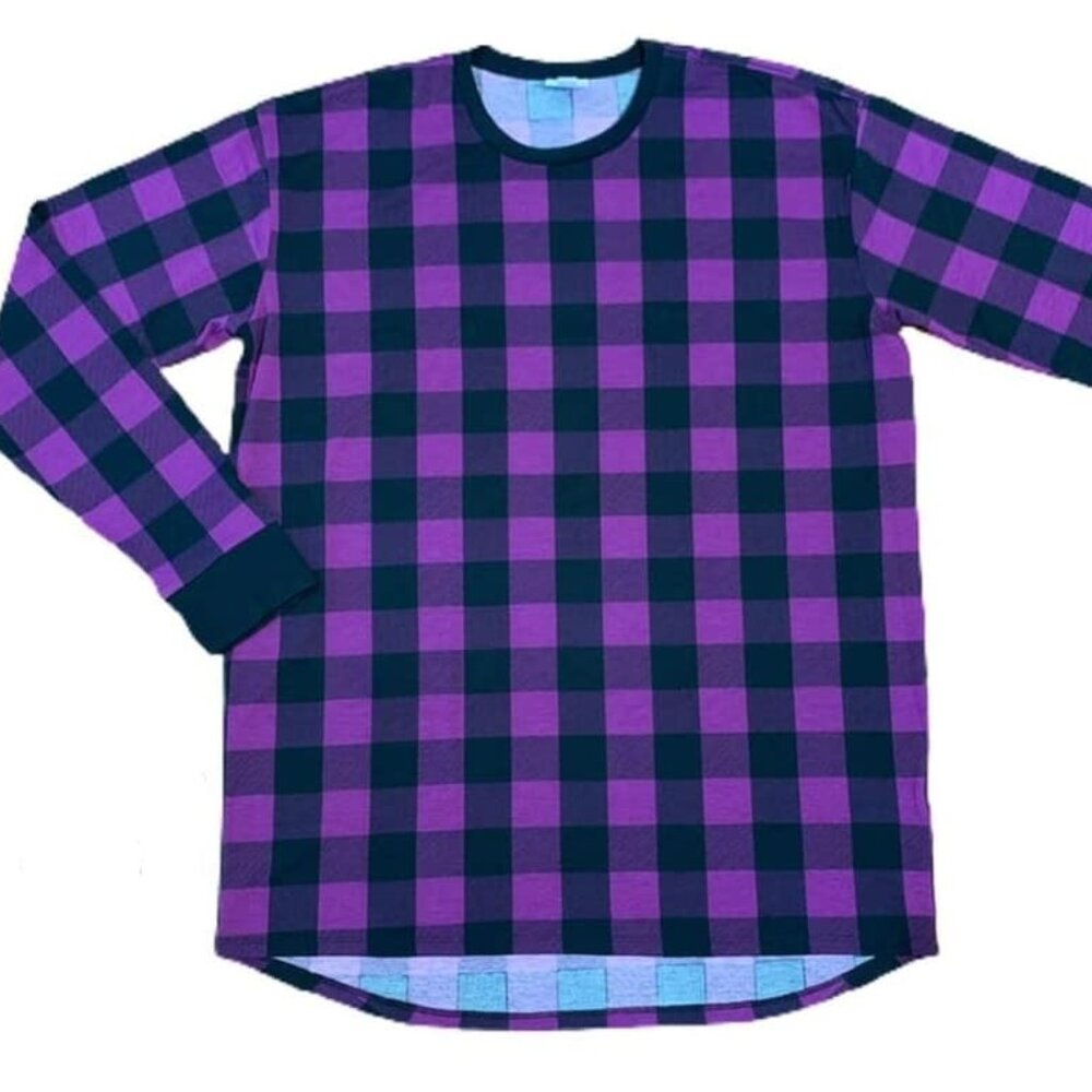 LuLaRoe Hudson Unisex Sleeve Top Checkered‎ Purple Black Plaid T-Shirt Halloween